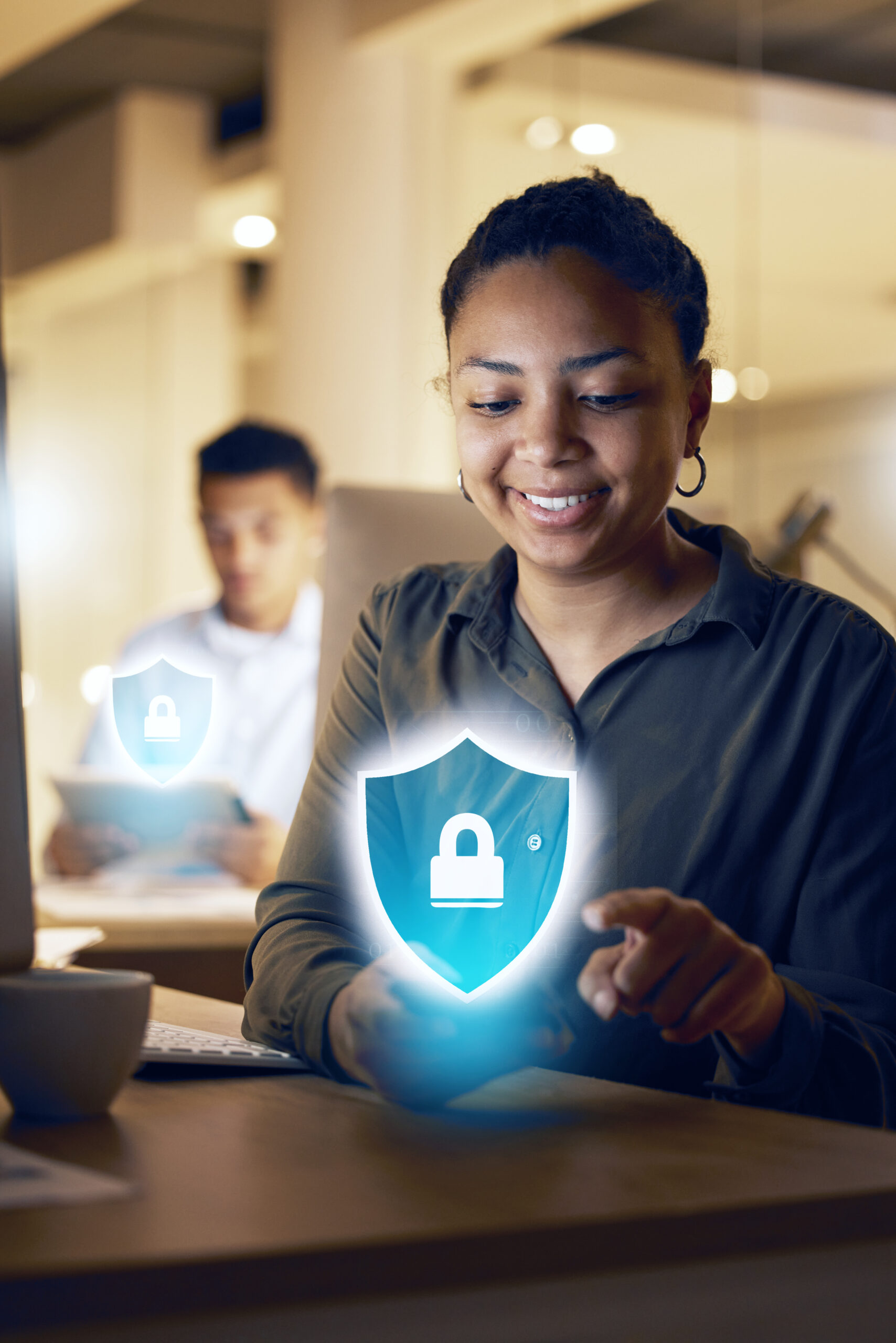 Phone hologram, cybersecurity or night woman with digital banking safety, password protection or biometric fintech lock. Smartphone cyber security, mobile data encryption or African girl with shield